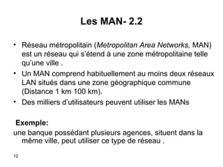 Les MAN- 2.2
• Réseau métropolitain (Metropolitan Area Networks, MAN(
est un réseau qui s’étend à une zone métropolitaine telle
qu’une ville .
• Un MAN comprend habituellement au moins deux réseaux
LAN situés dans une zone géographique commune
(Distance 1 km 100 km(.
• Des milliers d’utilisateurs peuvent utiliser les MANs
Exemple:
une banque possédant plusieurs agences, situent dans la
même ville, peut utiliser ce type de réseau .
12

 