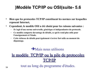 (Modèle TCP/IP ou OSI(suite- 5.6
•
•

Bien que les protocoles TCP/IP constituent les normes sur lesquelles
reposent Internet,
Cependant, le modèle OSI a été choisi pour les raisons suivantes :
– Il s'agit d'une norme universelle, générique et indépendantes du protocole.
– Ce modèle comporte davantage de détails, ce qui le rend plus utile pour
l'enseignement et l'étude.
– Cette richesse de détails peut également s'avérer fort utile au moment du
dépannage.

Mais nous utilisons

le modèle TCP/IP ou la pile de protocoles
TCP/IP
54

tout au long du programme d'études.

 