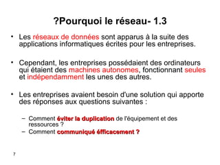 ?Pourquoi le réseau- 1.3
• Les réseaux de données sont apparus à la suite des
applications informatiques écrites pour les entreprises.
• Cependant, les entreprises possédaient des ordinateurs
qui étaient des machines autonomes, fonctionnant seules
et indépendamment les unes des autres.
• Les entreprises avaient besoin d'une solution qui apporte
des réponses aux questions suivantes :
– Comment éviter la duplication de l'équipement et des
ressources ?
– Comment communiqué éfficacement ?

7

 