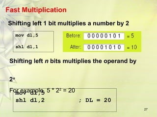 27
Fast Multiplication
mov dl,5
shl dl,1
Shifting left 1 bit multiplies a number by 2
mov dl,5
shl dl,2 ; DL = 20
Shifting left n bits multiplies the operand by
2n
For example, 5 * 22
= 20
 