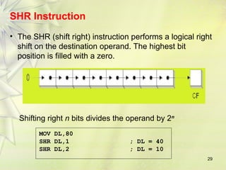 29
SHR Instruction
• The SHR (shift right) instruction performs a logical right
shift on the destination operand. The highest bit
position is filled with a zero.
MOV DL,80
SHR DL,1 ; DL = 40
SHR DL,2 ; DL = 10
Shifting right n bits divides the operand by 2n
 