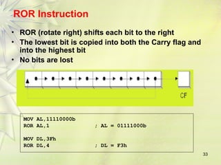 33
ROR Instruction
• ROR (rotate right) shifts each bit to the right
• The lowest bit is copied into both the Carry flag and
into the highest bit
• No bits are lost
MOV AL,11110000b
ROR AL,1 ; AL = 01111000b
MOV DL,3Fh
ROR DL,4 ; DL = F3h
 