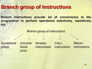 44
Branch group of instructions
Branch group of instructions
Branch instructions provide lot of convenience to the
programmer to perform operations selectively, repetitively
etc.
Branch group of instructions
Conditional
jumps
Uncondi-
tional
jump
Iteration
instructions
CALL
instructions
Return
instructions
 