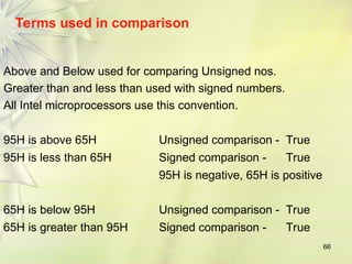 66
Terms used in comparison
Above and Below used for comparing Unsigned nos.
Greater than and less than used with signed numbers.
All Intel microprocessors use this convention.
95H is above 65H Unsigned comparison - True
95H is less than 65H Signed comparison - True
95H is negative, 65H is positive
65H is below 95H Unsigned comparison - True
65H is greater than 95H Signed comparison - True
 