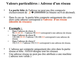 Valeurs particulières : Adresse d’un réseau
•

La partie hôte de l'adresse ne peut pas être composée
exclusivement de 0  (00000000 en binaire ou 0 en décimal).

•

Dans le cas ou la partie hôte comporte uniquement des zéro
alors cette adresse correspond à l’adresse d’un réseau
(identité de réseaux)

•

Exemple :

–
–
–

•
•

Dans l’adresse de classe A
90.25.48.10 : l’adresse 90.0.0.0 correspond à une adresse de réseau
Dans l’adresse de classe B
130.100.20.10 :l’adresse 130.100.0.0 correspond à une adresse de
réseau
Dans l’adresse de classe C
192.5.5.11: l’adresse 192.5.5.0 correspond à une adresse de réseau.

L’adresse qui comporte uniquement des zéro dans la partie
réseau et hôte : 0.0.0.0 désigne tout les réseaux
Une adresse réseau ne peut pas être attribuée a une machine
( adresse non valide )

 