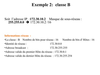 Exemple 2: classe B
Soit l’adresse IP :172.30.10.2 Masque de sous-réseau :
255.255.0.0  172.30.10.2 /16

Informations réseau :
•La classe : B Nombre de bits pour réseau : 16
Nombre de bits d' Hôtes : 16
•Identité de réseau :
172.30.0.0
•Adresse broadcast :
172.30.255.255
•Adresse valide du premier Hôte du réseau : 172.30.0.1
•Adresse valide du dernier Hôte du réseau : 172.30.255.254

 