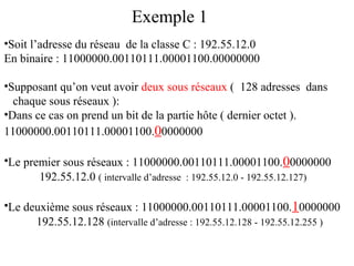 Exemple 1
•Soit l’adresse du réseau de la classe C : 192.55.12.0
En binaire : 11000000.00110111.00001100.00000000
•Supposant qu’on veut avoir deux sous réseaux ( 128 adresses dans
chaque sous réseaux ):
•Dans ce cas on prend un bit de la partie hôte ( dernier octet ).
11000000.00110111.00001100.00000000
•Le premier sous réseaux : 11000000.00110111.00001100.00000000
192.55.12.0 ( intervalle d’adresse : 192.55.12.0 - 192.55.12.127)
•Le deuxième sous réseaux : 11000000.00110111.00001100.10000000
192.55.12.128 (intervalle d’adresse : 192.55.12.128 - 192.55.12.255 )

 