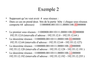 Exemple 2
•
•

Supposant qu’on veut avoir 4 sous réseaux :
Dans ce cas on prend deux bits de la partie hôte ( chaque sous réseaux
comporte 64 adresses)
11000000.00110111.00001100. 00000000

Le premier sous réseaux : 11000000.00110111.00001100. 00000000
192.55.12.0 (intervalle d’adresse : 192.55.12.0 - 192.55.12.64 )
• Le deuxième réseaux : 11000000.00110111.00001100. 01000000
192.55.12.64 (intervalle d’adresse : 192.55.12.64 - 192.55.12.127)
• Le deuxième réseaux : 11000000.00110111.00001100. 10000000
192.55.12.128 (intervalle d’adresse : 192.55.12.128 - 192.55.12.191 )
• Le deuxième réseaux : 11000000.00110111.00001100. 11000000
192.55.12.192 (intervalle d’adresse : 192.55.12.192 - 192.55.12.255 )
•

 