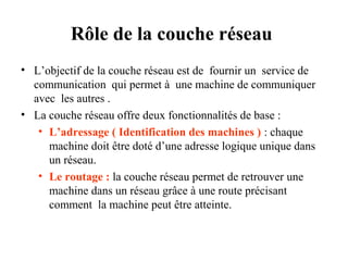 Rôle de la couche réseau
• L’objectif de la couche réseau est de fournir un service de
communication qui permet à une machine de communiquer
avec les autres .
• La couche réseau offre deux fonctionnalités de base :
• L’adressage ( Identification des machines ) : chaque
machine doit être doté d’une adresse logique unique dans
un réseau.
• Le routage : la couche réseau permet de retrouver une
machine dans un réseau grâce à une route précisant
comment la machine peut être atteinte.

 