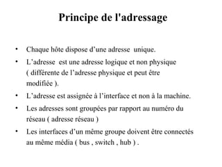 Principe de l'adressage
•

Chaque hôte dispose d’une adresse unique.

•

L’adresse est une adresse logique et non physique
( différente de l’adresse physique et peut être
modifiée ).

•

L’adresse est assignée à l’interface et non à la machine.

•

Les adresses sont groupées par rapport au numéro du
réseau ( adresse réseau )

•

Les interfaces d’un même groupe doivent être connectés
au même média ( bus , switch , hub ) .

 