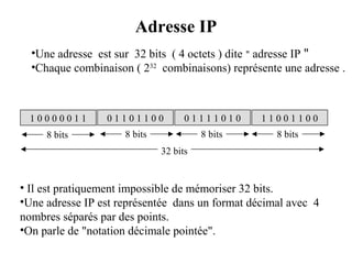 Adresse IP
•Une adresse est sur 32 bits ( 4 octets ) dite " adresse IP "
•Chaque combinaison ( 232 combinaisons) représente une adresse .

10000011

01101100

01111010

11001100

8 bits

8 bits

8 bits

8 bits

32 bits

• Il est pratiquement impossible de mémoriser 32 bits.
•Une adresse IP est représentée dans un format décimal avec 4
nombres séparés par des points.
•On parle de "notation décimale pointée".

 