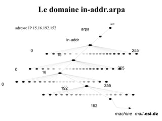 Le domaine in-addr.arpa
“”
arpa
in-addr
0 255
15
0 255
16
0 255
192
152
machine mail.esi.dz
adresse IP 15.16.192.152
 