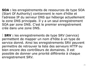 26
SOA : les enregistrements de ressources de type SOA
(Start Of Authority) contiennent le nom d'hôte et
l'adresse IP du serveur DNS qui héberge actuellement
la zone DNS principale. Il y a un seul enregistrement
SOA par zone DNS. C'est le premier enregistrement
crée dans une zone DNS.
 SRV : les enregistrements de type SRV (service)
permettent de mapper un nom d'hôte à un type de
service donné. Ainsi les enregistrements SRV peuvent
permettre de retrouver la liste des serveurs HTTP ou
bien encore des contrôleurs de domaines. Il est
possible de donner une priorité différente à chaque
enregistrement SRV.
 
