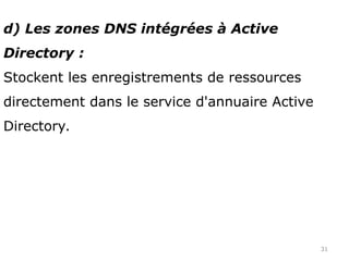 31
d) Les zones DNS intégrées à Active
Directory :
Stockent les enregistrements de ressources
directement dans le service d'annuaire Active
Directory.
 