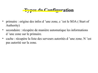 Types de Configuration
• primaire : origine des infos d ’une zone, c ’est le SOA ( Start of
Authority)
• secondaire : récupère de manière automatique les informations
d ’une zone sur le primaire.
• cache : récupère la liste des serveurs autorités d ’une zone. N ’est
pas autorité sur la zone.
 