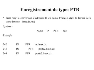Enregistrement de type: PTR
• Sert pour la conversion d’adresses IP en noms d’hôtes ( dans le fichier de la
zone inverse linux.dz.rev)
Syntaxe :
Name IN PTR host
Exemple
242 IN PTR ns.linux.dz.
243 IN PTR poste2.linux.dz.
244 IN PTR poste3.linux.dz.
 