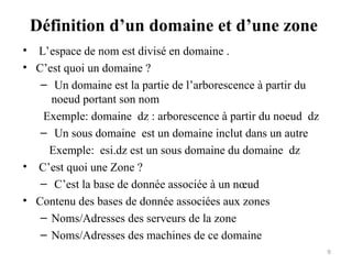 Définition d’un domaine et d’une zone
• L’espace de nom est divisé en domaine .
• C’est quoi un domaine ?
– Un domaine est la partie de l’arborescence à partir du
noeud portant son nom
Exemple: domaine dz : arborescence à partir du noeud dz
– Un sous domaine est un domaine inclut dans un autre
Exemple: esi.dz est un sous domaine du domaine dz
• C’est quoi une Zone ?
– C’est la base de donnée associée à un nœud
• Contenu des bases de donnée associées aux zones
– Noms/Adresses des serveurs de la zone
– Noms/Adresses des machines de ce domaine
9
 