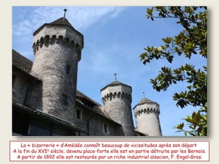 La « bizarrerie » d’Amédée connaît beaucoup de vicissitudes après son départ
A la fin du XVIe siècle, devenue place-forte, elle est en partie détruite par les Genevois
L’ensemble des bâtiments de Ripaille est occupé par l’Ordre des chartreux (1623-1793)
A partir de 1892 elle est restaurée par un riche industriel alsacien, F. Engel-Gros.
 