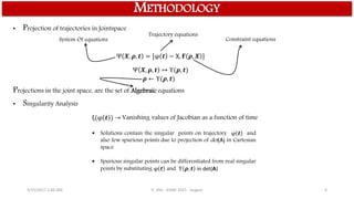 5/15/2017 1:46 AM R. JHA - ASME 2015 - August 4
METHODOLOGY
Ψ 𝑿, 𝝆, 𝒕 = [φ 𝒕 − X, 𝟊 𝝆, 𝑿 ]
Ψ 𝑿, 𝝆, 𝒕 ↦ Υ(𝝆, 𝒕)
• Projection of trajectories in Jointspace
System Of equations
Trajectory equations
Constraint equations
𝝆 ← Υ(𝝆, 𝒕)
• Singularity Analysis
ξ(φ 𝒕 ) → Vanishing values of Jacobian as a function of time
 Solutions contain the singular points on trajectory φ 𝒕 and
also few spurious points due to projection of det(A) in Cartesian
space
 Spurious singular points can be differentiated from real singular
points by substituting φ 𝒕 and Υ 𝝆, 𝒕 in det(A)
Projections in the joint space, are the set of Algebraic equations
 