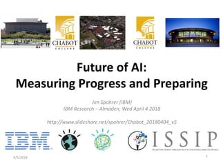 Jim Spohrer (IBM)
IBM Research – Almaden, Wed April 4 2018
http://www.slideshare.net/spohrer/Chabot_20180404_v5
4/5/2018 1
Future of AI:
Measuring Progress and Preparing
 