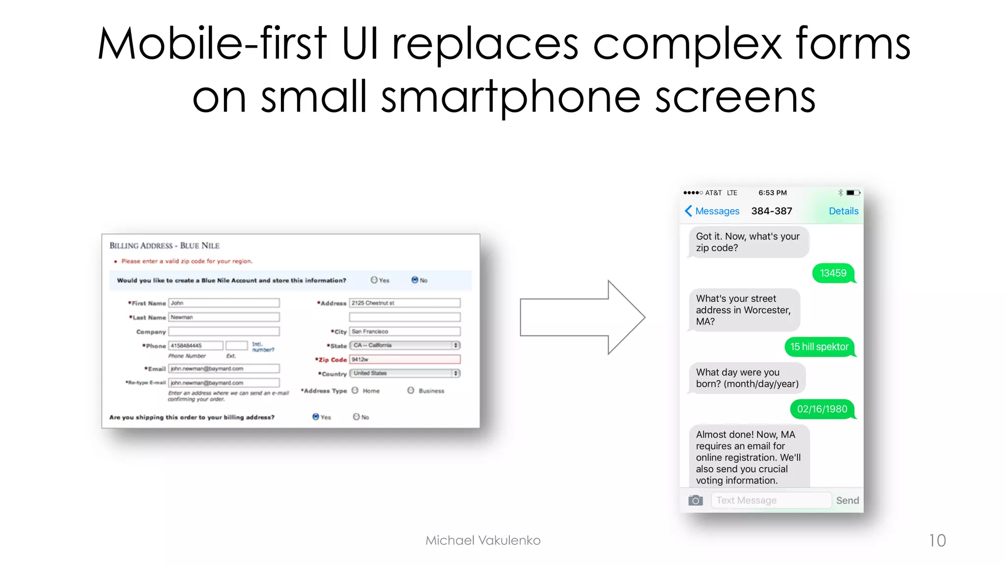 Mobile-first UI replaces complex forms
on small smartphone screens
Michael Vakulenko 10
 