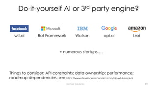 Do-it-yourself AI or 3rd party engine?
Michael Vakulenko
Things to consider: API constraints; data ownership; performance;
roadmap dependencies, see https://www.developereconomics.com/nlp-wit-luis-api-ai
wit.ai Bot Framework Watson Lexi
+ numerous startups….
api.ai
19
 