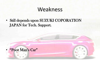 Weakness
• Still depends upon SUZUKI COPORATION
  JAPAN for Tech. Support.




• “Poor Man’s Car”
 