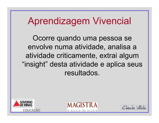 Aprendizagem Vivencial
Ocorre quando uma pessoa se
envolve numa atividade, analisa a
atividade criticamente, extrai algum
“insight” desta atividade e aplica seus
resultados.
EDUCAÇÃO
 