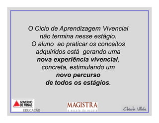 O Ciclo de Aprendizagem Vivencial
não termina nesse estágio.
O aluno ao praticar os conceitos
adquiridos está gerando uma
nova experiência vivencial,
concreta, estimulando um
novo percurso
de todos os estágios.
EDUCAÇÃO
 