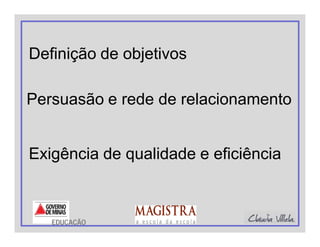 Definição de objetivos
EDUCAÇÃO
Persuasão e rede de relacionamento
Exigência de qualidade e eficiência
 