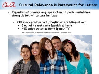 Cultural Relevance is Paramount for Latinos
• Regardless of primary language spoken, Hispanics maintain a
  strong tie to their cultural heritage

   • 78% speak predominantly English or are bilingual yet:
      • 3 out of 4 speak some Spanish at home
      • 40% enjoy watching some Spanish TV
          AP – Univision Poll on Hispanics and Media Consumption – November 2010
 