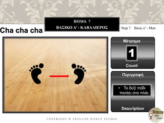 C O P Y R I G H T ® A P O L L O N D A N C E S T U D I O
BHMA 7
ΒΑΣΙΚΟ A’ - ΚΑΒΑΛΙΕΡΟΣ
Cha cha cha Step 7 Basic a’ - Man
Μέτρημα
1
Περιγραφή
Description
• Το δεξί πόδι
πατάει στο πλάι.
Count
 