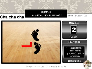 C O P Y R I G H T ® A P O L L O N D A N C E S T U D I O
BHMA 8
ΒΑΣΙΚΟ A’ - ΚΑΒΑΛΙΕΡΟΣ
Cha cha cha Step 8 Basic a’ - Man
Μέτρημα
Περιγραφή
Description
• Το αριστερό
πόδι πατάει
μπροστά από το
αριστερό.
Count
2
 