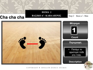 C O P Y R I G H T ® A P O L L O N D A N C E S T U D I O
BHMA 2
ΒΑΣΙΚΟ A’ - ΚΑΒΑΛΙΕΡΟΣ
Cha cha cha Step 2 Basic a’ - Man
Μέτρημα
1
Περιγραφή
Description
• Πατάμε το
αριστερό πόδι
στο πλάι.
Count
 