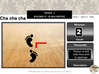C O P Y R I G H T ® A P O L L O N D A N C E S T U D I O
BHMA 3
ΒΑΣΙΚΟ A’ - ΚΑΒΑΛΙΕΡΟΣ
Cha cha cha Step 3 Basic a’ - Man
Μέτρημα
Περιγραφή
Description
• Πατάμε το δεξί
πόδι πίσω από
το αριστερό.
Count
2
 