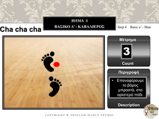 C O P Y R I G H T ® A P O L L O N D A N C E S T U D I O
BHMA 4
ΒΑΣΙΚΟ A’ - ΚΑΒΑΛΙΕΡΟΣ
Cha cha cha Step 4 Basic a’ - Man
Μέτρημα
Περιγραφή
Description
• Επαναφέρουμε
το βάρος
μπροστά, στο
αριστερό πόδι.
Count
3
 
