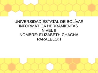 UNIVERSIDAD ESTATAL DE BOLÍVAR
INFORMÁTICA HERRAMIENTAS
NIVEL II
NOMBRE: ELIZABETH CHACHA
PARALELO: I
 