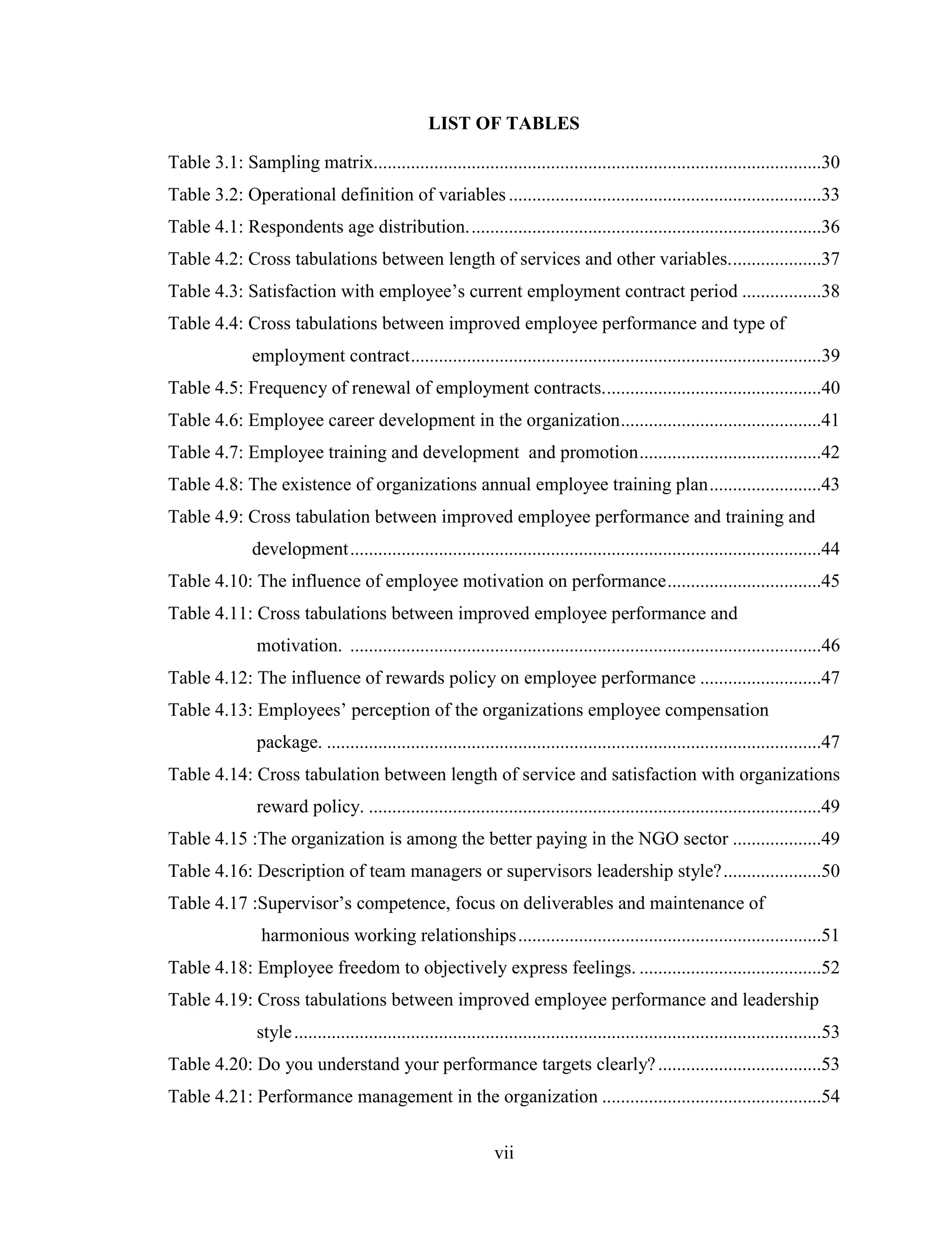 vii
LIST OF TABLES
Table 3.1: Sampling matrix................................................................................................30
Table 3.2: Operational definition of variables ...................................................................33
Table 4.1: Respondents age distribution............................................................................36
Table 4.2: Cross tabulations between length of services and other variables....................37
Table 4.3: Satisfaction with employee’s current employment contract period .................38
Table 4.4: Cross tabulations between improved employee performance and type of
employment contract........................................................................................39
Table 4.5: Frequency of renewal of employment contracts...............................................40
Table 4.6: Employee career development in the organization...........................................41
Table 4.7: Employee training and development and promotion.......................................42
Table 4.8: The existence of organizations annual employee training plan........................43
Table 4.9: Cross tabulation between improved employee performance and training and
development.....................................................................................................44
Table 4.10: The influence of employee motivation on performance.................................45
Table 4.11: Cross tabulations between improved employee performance and
motivation. .....................................................................................................46
Table 4.12: The influence of rewards policy on employee performance ..........................47
Table 4.13: Employees’ perception of the organizations employee compensation
package. ..........................................................................................................47
Table 4.14: Cross tabulation between length of service and satisfaction with organizations
reward policy. .................................................................................................49
Table 4.15 :The organization is among the better paying in the NGO sector ...................49
Table 4.16: Description of team managers or supervisors leadership style?.....................50
Table 4.17 :Supervisor’s competence, focus on deliverables and maintenance of
harmonious working relationships.................................................................51
Table 4.18: Employee freedom to objectively express feelings. .......................................52
Table 4.19: Cross tabulations between improved employee performance and leadership
style.................................................................................................................53
Table 4.20: Do you understand your performance targets clearly?...................................53
Table 4.21: Performance management in the organization ...............................................54
 
