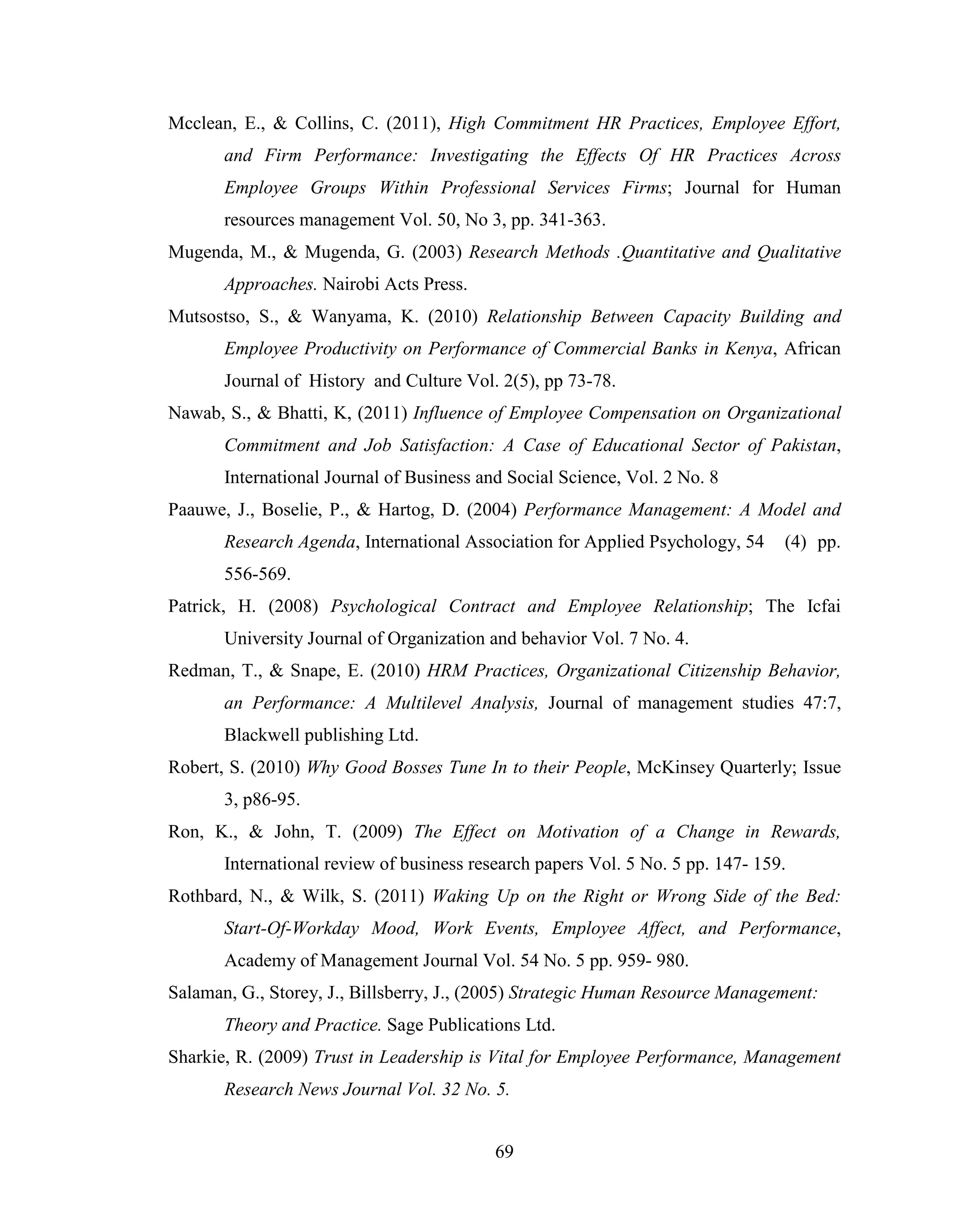 69
Mcclean, E., & Collins, C. (2011), High Commitment HR Practices, Employee Effort,
and Firm Performance: Investigating the Effects Of HR Practices Across
Employee Groups Within Professional Services Firms; Journal for Human
resources management Vol. 50, No 3, pp. 341-363.
Mugenda, M., & Mugenda, G. (2003) Research Methods .Quantitative and Qualitative
Approaches. Nairobi Acts Press.
Mutsostso, S., & Wanyama, K. (2010) Relationship Between Capacity Building and
Employee Productivity on Performance of Commercial Banks in Kenya, African
Journal of History and Culture Vol. 2(5), pp 73-78.
Nawab, S., & Bhatti, K, (2011) Influence of Employee Compensation on Organizational
Commitment and Job Satisfaction: A Case of Educational Sector of Pakistan,
International Journal of Business and Social Science, Vol. 2 No. 8
Paauwe, J., Boselie, P., & Hartog, D. (2004) Performance Management: A Model and
Research Agenda, International Association for Applied Psychology, 54 (4) pp.
556-569.
Patrick, H. (2008) Psychological Contract and Employee Relationship; The Icfai
University Journal of Organization and behavior Vol. 7 No. 4.
Redman, T., & Snape, E. (2010) HRM Practices, Organizational Citizenship Behavior,
an Performance: A Multilevel Analysis, Journal of management studies 47:7,
Blackwell publishing Ltd.
Robert, S. (2010) Why Good Bosses Tune In to their People, McKinsey Quarterly; Issue
3, p86-95.
Ron, K., & John, T. (2009) The Effect on Motivation of a Change in Rewards,
International review of business research papers Vol. 5 No. 5 pp. 147- 159.
Rothbard, N., & Wilk, S. (2011) Waking Up on the Right or Wrong Side of the Bed:
Start-Of-Workday Mood, Work Events, Employee Affect, and Performance,
Academy of Management Journal Vol. 54 No. 5 pp. 959- 980.
Salaman, G., Storey, J., Billsberry, J., (2005) Strategic Human Resource Management:
Theory and Practice. Sage Publications Ltd.
Sharkie, R. (2009) Trust in Leadership is Vital for Employee Performance, Management
Research News Journal Vol. 32 No. 5.
 