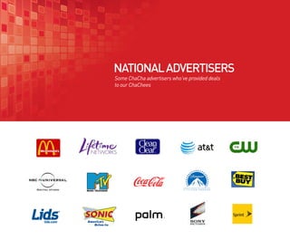 NATIONAL ADVERTISERS
Some ChaCha advertisers who’ve provided deals
to our ChaChees




                                                Recreated LOGO
                                                    BEST BUY
 