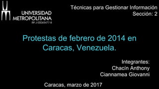 Protestas de febrero de 2014 en
Caracas, Venezuela.
Integrantes:
Chacín Anthony
Ciannamea Giovanni
Caracas, marzo de 2017
Técnicas para Gestionar Información
Sección: 2
 