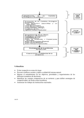 9.-Beneficios
• Evitar ocupación en zonas de riesgo
• Prevenir conflictos sociales y daños a calidad del sistema natural.
• Mejorar el entendimiento de los objetivos, prioridades y requerimientos de los
diferentes tomadores de decisiones.
• Identificar las ventajas comparativas de un territorio y para definir estrategias de
competitividad y de lucha contra la pobreza.
• Armonizar los trabajos de instituciones nacionales.
MG/PE
 