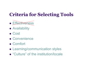 Criteria f S l ti
C it i for Selecting Tools
                     T l
   Effectiveness
   Availability
   Cost
   Convenience
   Comfort
   Learning/communication styles
            g                     y
   “Culture” of the institution/locale
 