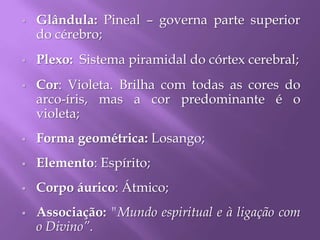  Glândula: Pineal – governa parte superior
do cérebro;
 Plexo: Sistema piramidal do córtex cerebral;
 Cor: Violeta. Brilha com todas as cores do
arco-íris, mas a cor predominante é o
violeta;
 Forma geométrica: Losango;
 Elemento: Espírito;
 Corpo áurico: Átmico;
 Associação: "Mundo espiritual e à ligação com
o Divino”.
 
