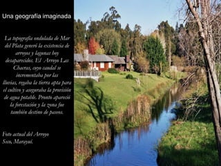 Una geografía imaginadaLa topografía ondulada de Mar del Plata generó la existencia de arroyos y lagunas hoy desaparecidos. El  Arroyo Las Chacras, cuyo caudal se incrementaba por las lluvias, regaba la tierra apta para el cultivo y aseguraba la provisión de agua potable. Pronto apareció la forestación y la zona fue también destino de paseos. Foto actual del Arroyo Seco, Marayuí.  