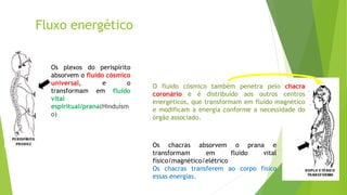 Fluxo energético
Os plexos do perispírito
absorvem o fluido cósmico
universal, e o
transformam em fluido
vital
espiritual/prana(Hinduísm
o)
Os chacras absorvem o prana e
transformam em fluido vital
físico/magnético/elétrico
Os chacras transferem ao corpo físico
essas energias.
O fluido cósmico também penetra pelo chacra
coronário e é distribuído aos outros centros
energéticos, que transformam em fluido magnético
e modificam a energia conforme a necessidade do
órgão associado.
 