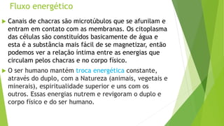 Fluxo energético
 Canais de chacras são microtúbulos que se afunilam e
entram em contato com as membranas. Os citoplasma
das células são constituídos basicamente de água e
esta é a substância mais fácil de se magnetizar, então
podemos ver a relação íntima entre as energias que
circulam pelos chacras e no corpo físico.
 O ser humano mantém troca energética constante,
através do duplo, com a Natureza (animais, vegetais e
minerais), espiritualidade superior e uns com os
outros. Essas energias nutrem e revigoram o duplo e
corpo físico e do ser humano.
 