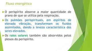 Fluxo energético
 O perispírito absorve a maior quantidade de
prana de que se utiliza pela respiração.
 Os pulmões perispirituais, em espíritos de
elevada vibração, transformam os fluidos
assimilados, dando a leveza característica dos
seres elevados.
 Os raios solares também são absorvidos pelos
plexos do perispírito.
 