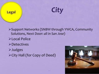 Legal                         City

Support Networks (SNBW through YWCA, Community
 Solutions, Next Door: all in San Jose)
Local Police
Detectives
Judges
City Hall (for Copy of Deed)


                        107
 