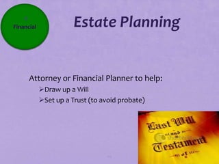 4
Financial              Estate Planning


   Attorney or Financial Planner to help:
            Draw up a Will
            Set up a Trust (to avoid probate)




                                  113
 